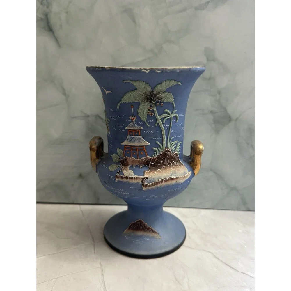 Vintage Japan Blue Ceramic Vase Elephant Handles Pagoda Landscape Hand Painted